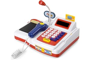 Cash Register for Kids a Play Set of Microphone, Scanner, Calculator, Pretend Play Food Toys, Cashier Toy & Toddlers, Play Re