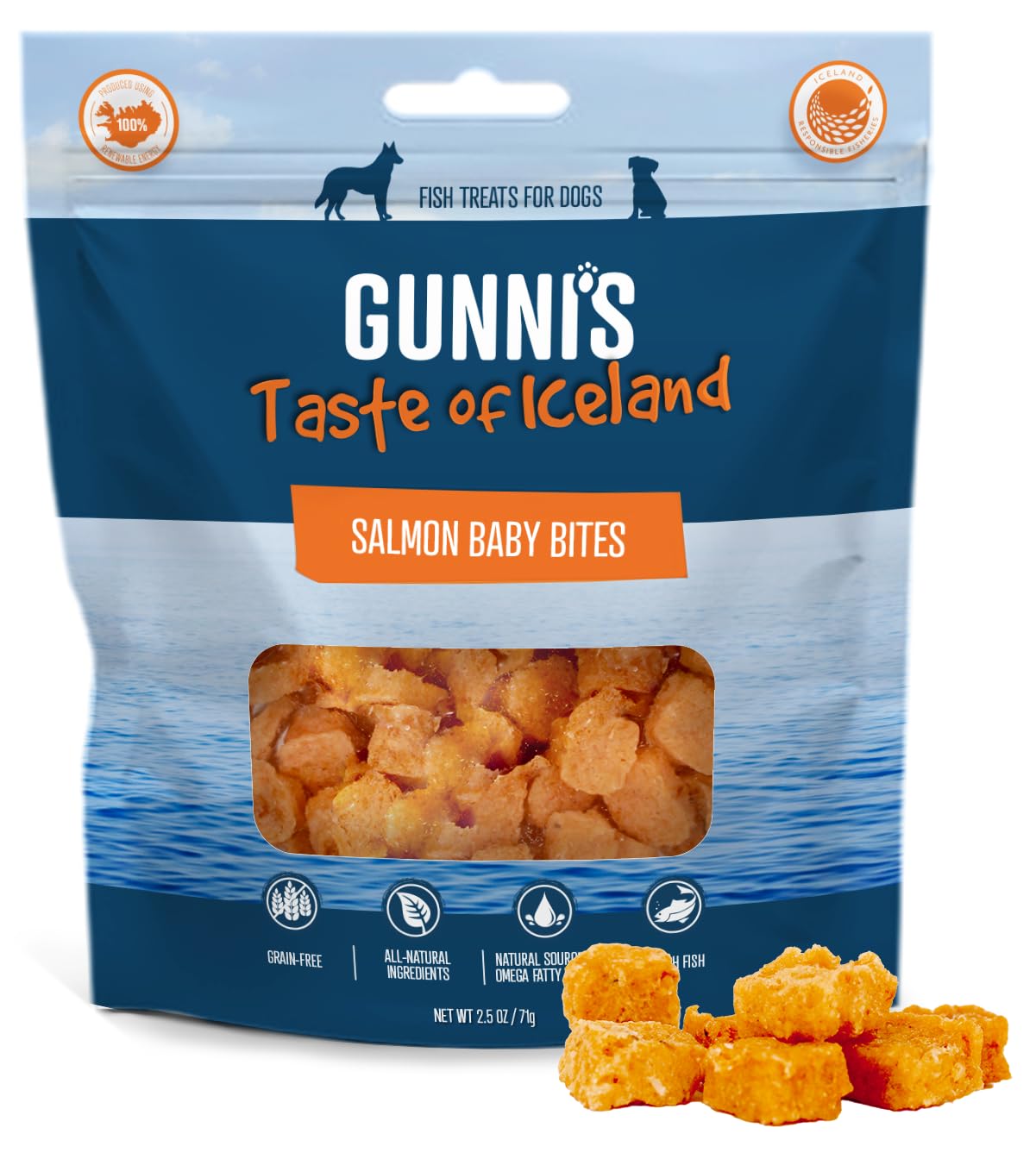 Gunni’s Salmon Baby Bites | Pure Icelandic fish fillet crunchy treats for dogs | Traceable | Omega rich | Sustainable | 100% Natural | Gently dried | 85g
