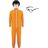 Mens Vector Costume, 2 Pieces Orange Tracksuit Black Mushroom Wig Lensless Glasses Halloween Themed Party Outfit