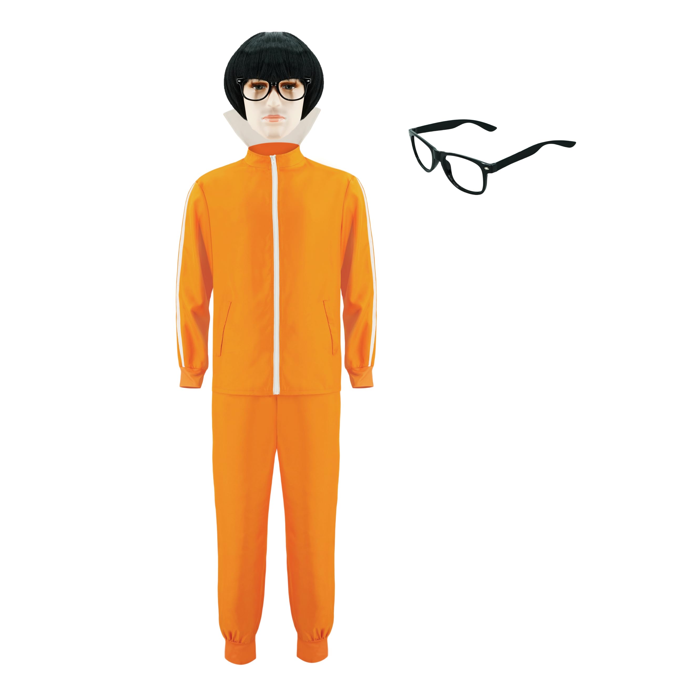 Mens Vector Costume Orange Tracksuit Black Mushroom Wig Lensless Glasses Halloween Carnival Events Party Outfit L