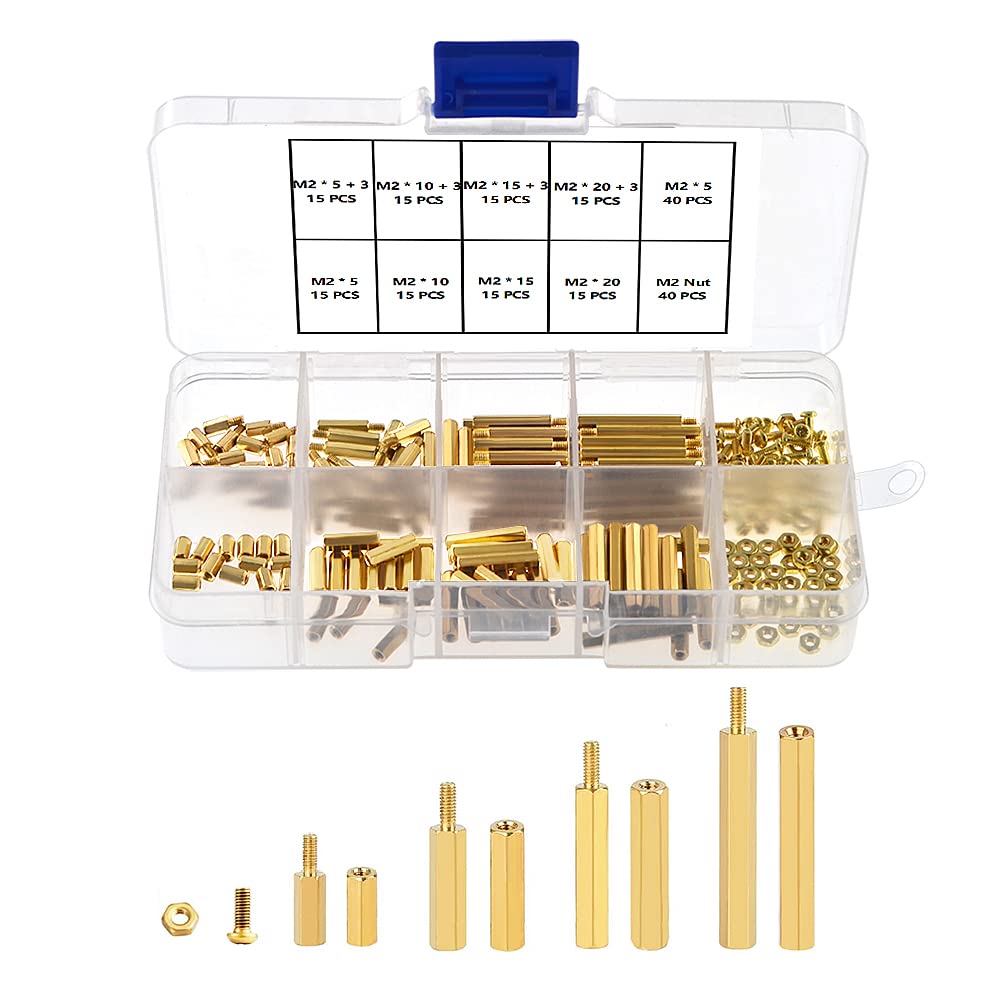 YIXISI 200 PCS M2 Brass Male Female Hex Spacer Hex Standoff Screw Nut Threaded Pillar PCB Motherboard Assortment Kit