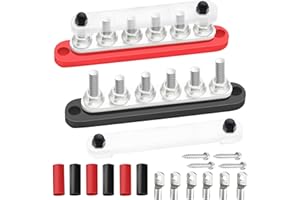 maierke 250A Bus Bar 12V Marine 6 x 5/16" (M8) Terminal Studs 12V-48V Power Distribution Block with Cover,with 6PCS Battery Lugs and 6PCS Heat Shrink Tubing Busbar for Boat Automotive Car