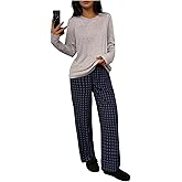 SHENHE Women's Plaid Lounge Sets Short Sleeve Tops and Long Pants Pajamas Set 2 Piece Outfits