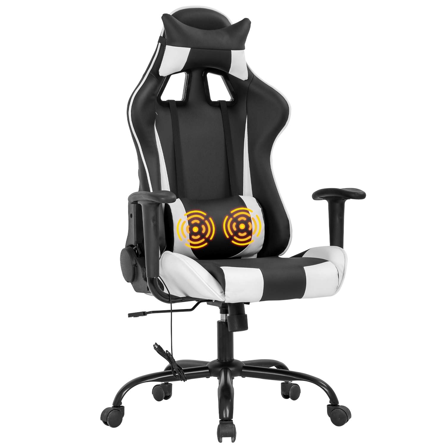 Silla para juegos de computadora Silla de oficina ergonómica para PC Silla de escritorio ejecutiva para el hogar Silla de trabajo giratoria con respaldo alto ajustable de cuero de PU con soporte lumbar Reposacabezas Reposabrazos Masajeador,Blanco