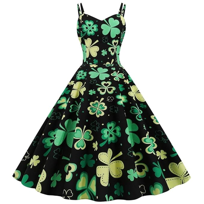 Buy Oldlover St. Patrick's Day Dress Women Green Clover Print Retro ...