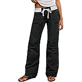 Flamingals Straight Leg Pants for Women Drawstring Waist Mid Rise Casual Solid Seam Detail Pants