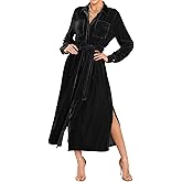 Umimore Women's Fall Lapel Long Sleeve Velvet Midi Dress Winter Vintage Button Down Side Slit Pockets Shirts Dress with Belt
