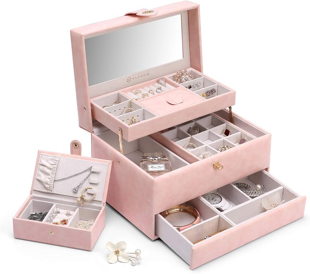 Vlando Jewelry Box Organizer with Small Travel Jewelry Box, 3-Layer Necklaces Earrings Rings Storage Case, One-Button Opening, Gift Packing (Pink)