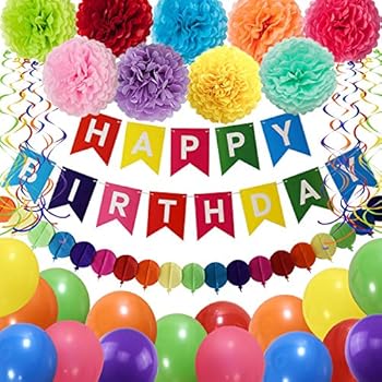 THAWAY Birthday Decorations Party Supplies, Colorful Birthday Decorations, Happy Birthday Banner, Pom Poms Flowers, Garland, Hanging Swirl, Balloons for Kids Birthday Party
