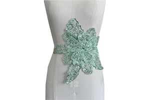 Jpumley.pksn Handmade Rhinestones Applique Sewing Beads Stones Trim Lace Patches Sparkly Multicolor Sew on Sequins Crystal Beaded Accessory for Wedding Dresses DIY Clothes 12X10inches (Light Green)