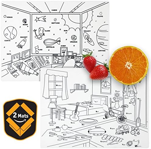 SIZE 16" X 12" - Kids Placemats silicone coloring non slip educational washable reusable dishwasher-safe BPA-free placemats - Space and Room : by HEXATAL
