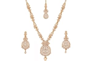 Touchstone Indian Bollywood Gorgeous intricate Workmanship Sparkling Rhinestone crystal wedding Designer Jewelry Necklace Set In Gold or Silver Tone For Women.