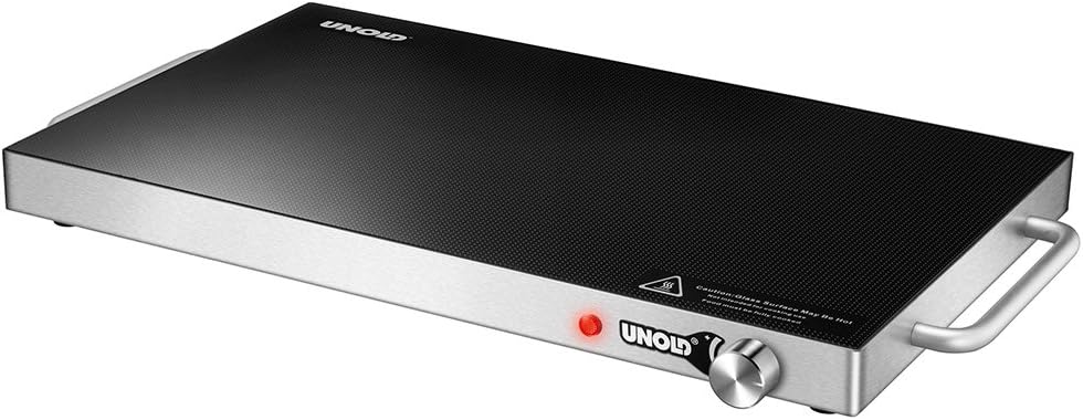 Unold 58825 Warmhalteplatte, 200 W, extra groß, stufenlose Temperaturregelung, leicht zu reinigen, Überhitzungsschutz und praktischen Tragegriffen, Schwarz, Maße (BxTxH): ca. 56,9 x 33 x 4,6 cm