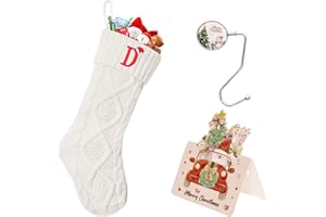 CRSTAFU D Personalized Christmas Stockings, 20 Inch Large Family Embroidered Initials White Knitted Xmas Stocking