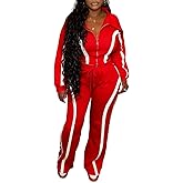 AWASIR Women Striped 2 Piece Outfits Long Sleeve Zip Up Jacket Top and Wide Leg Pants Set Tracksuits with Pocket