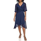 DKNY Womens 3/4 Balloon Sleeve Twist Front Chiffon Midi Dress