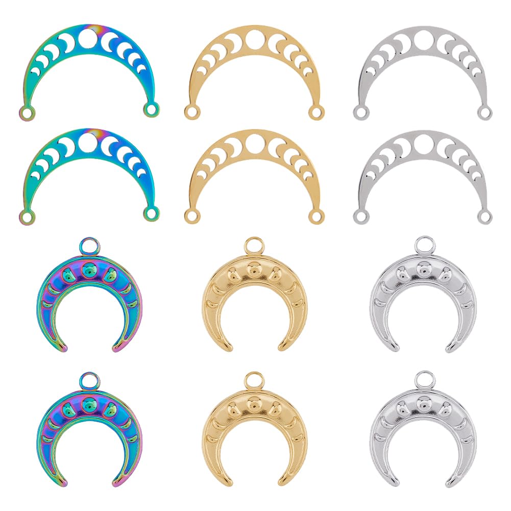 DICOSMETIC 24Pcs Moon Phase Charms Golden and Rainbow Color Crescent Moon Connector Charms Hollow Crescent Moon Link Pendant Stainless Steel Charm for DIY Jewelry Making, Hole: 1.8/2.7mm