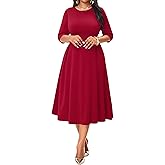 NMODER Womens Cocktail Dress 3/4 Sleeve Elegant Church Dresses for Women Midi Work Crewneck Dress with Pockets