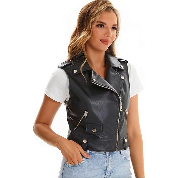 DIASHINY Faux Leather Vest For Women Zipper Lapel Sleeveless Biker