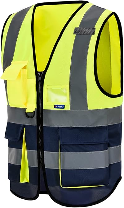 AYKRM Yellow Navy High Viz Vest Class 2 Zip Front with Pockets