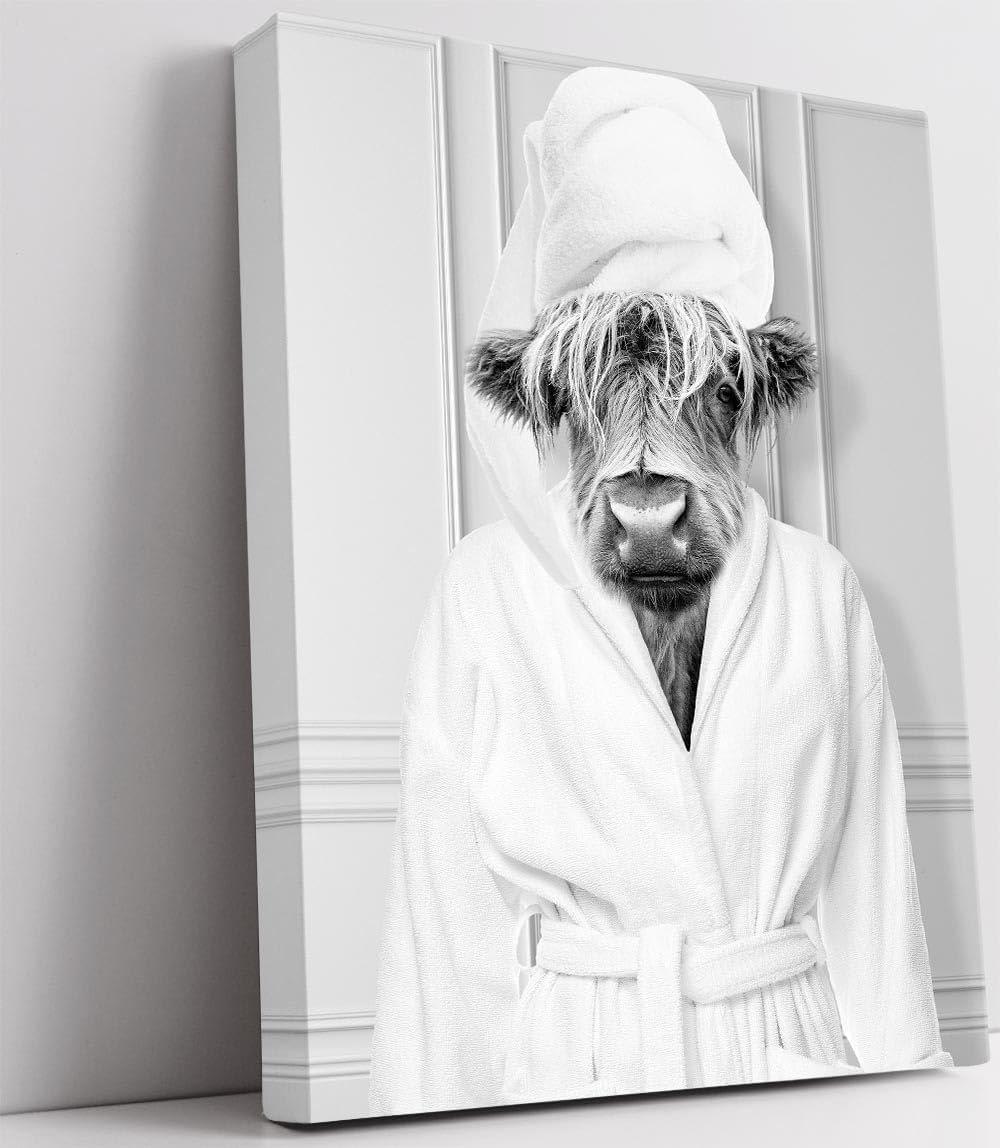 Wall Décor - Biufo Wall Art for Bathroom Highland Cow Wall Decor for Bedroom Black White Animal Canvas Print Picture for Restroom (12