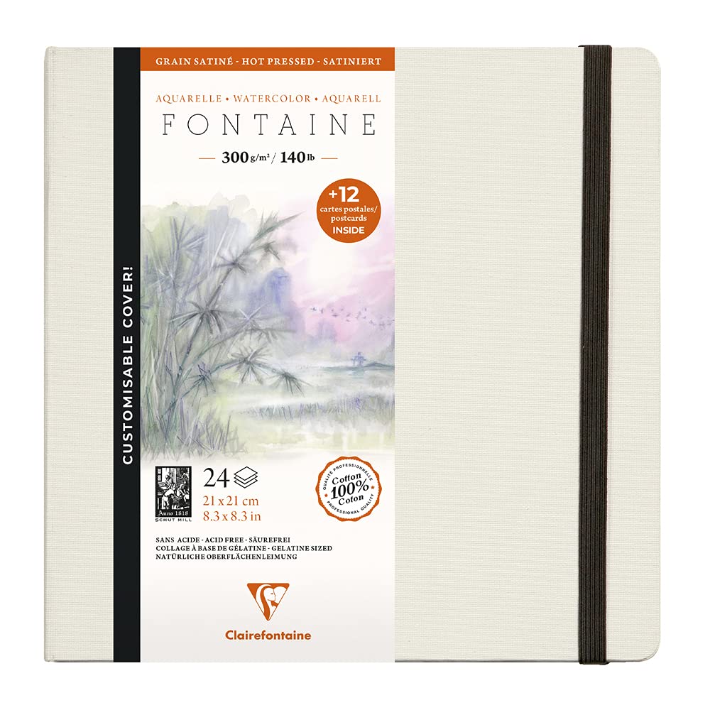 Clairefontaine - Ref 975443C - Fontaine Hot Pressed Sewn Watercolour Book (24 Sheets) - 21 x 21cm Size, 300gsm Paper - Suitable for Watercolour Artwork, Black