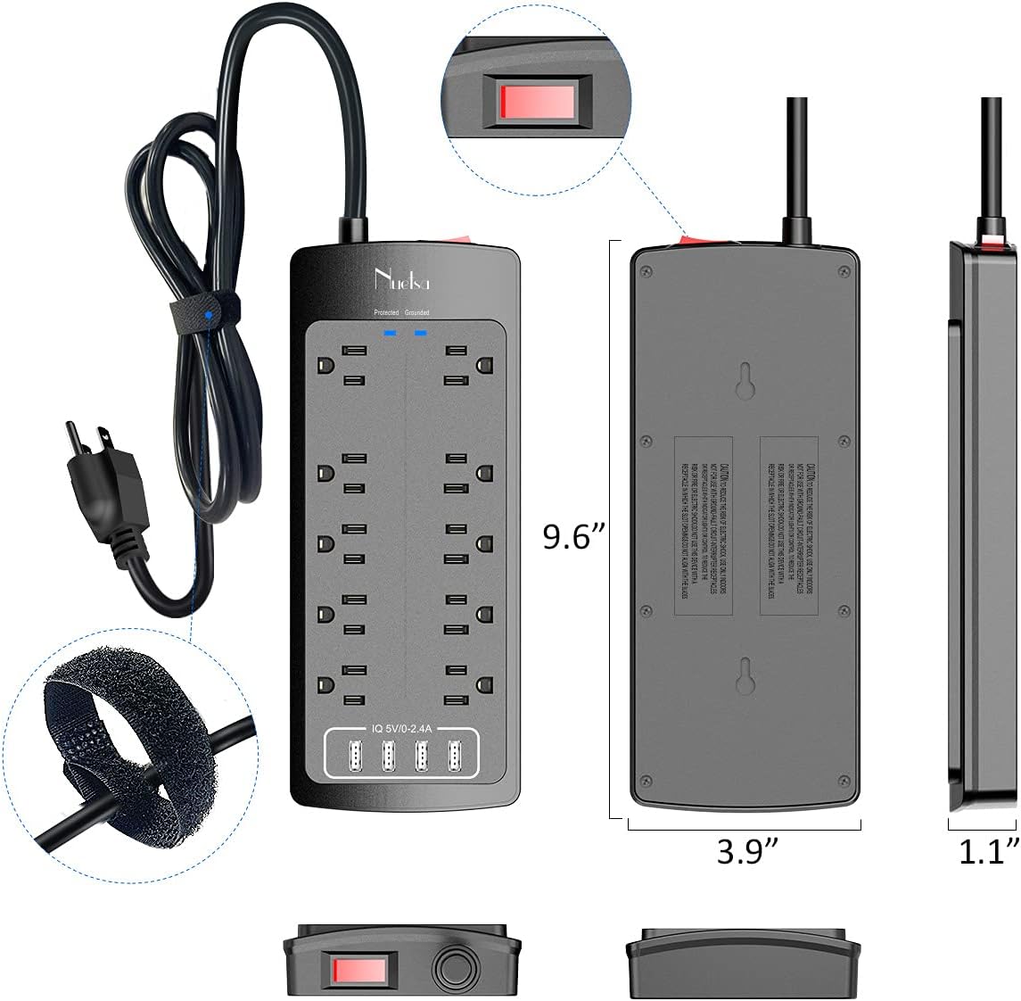 Power Strip , Nuetsa Surge Protector with 10 Outlets and 4 USB Ports, 6 Feet Extension Cord (1875W/15A) for for Home, Office, Dorm Essentials, 2700 Joules, ETL Listed (Black): Electronics