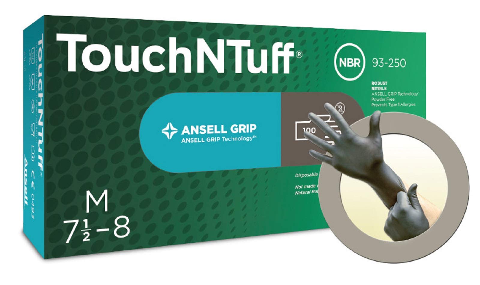 Ansell TouchNTuff 93-250 Nitrile Disposable Gloves, Chemical Resistant, Mechanical Protection, DIY Applications, Examination Glove, Industrial Safety PPE, Size M (100 Gloves)