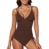 meioro Women's Ribbed Ruched Swimsuit V Neck One Piece Swimming Costume, Dept Tummy Control Drawstring High Cut Swimwear