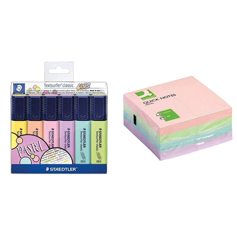 STAEDTLER 364 CWP6 Textsurfer Classic Pastel Highlighter with Q Connect 75 x 75 mm Quick Note Cube Pastel