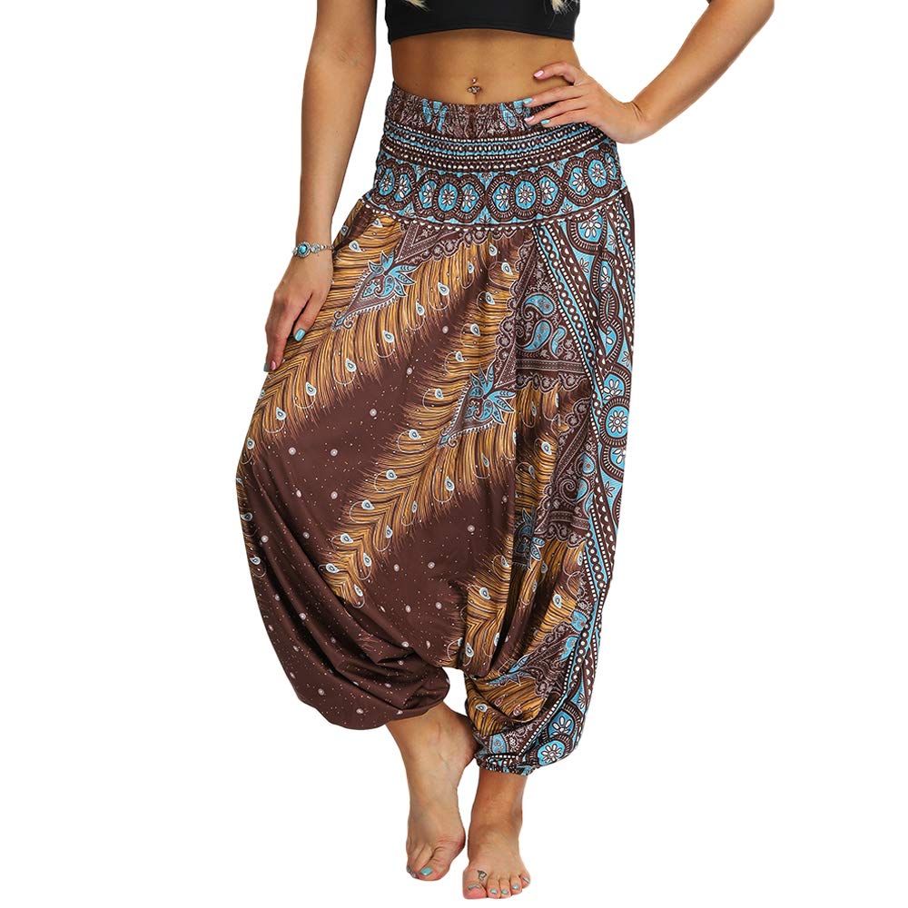 Nuofengkudu Women's Hippie Harem Trousers Drop Crotch Baggy High Waist Yoga Pants Aladdin Boho Thai Patterned Alternative Clothing Beach Party Holiday (Brown,One Size)