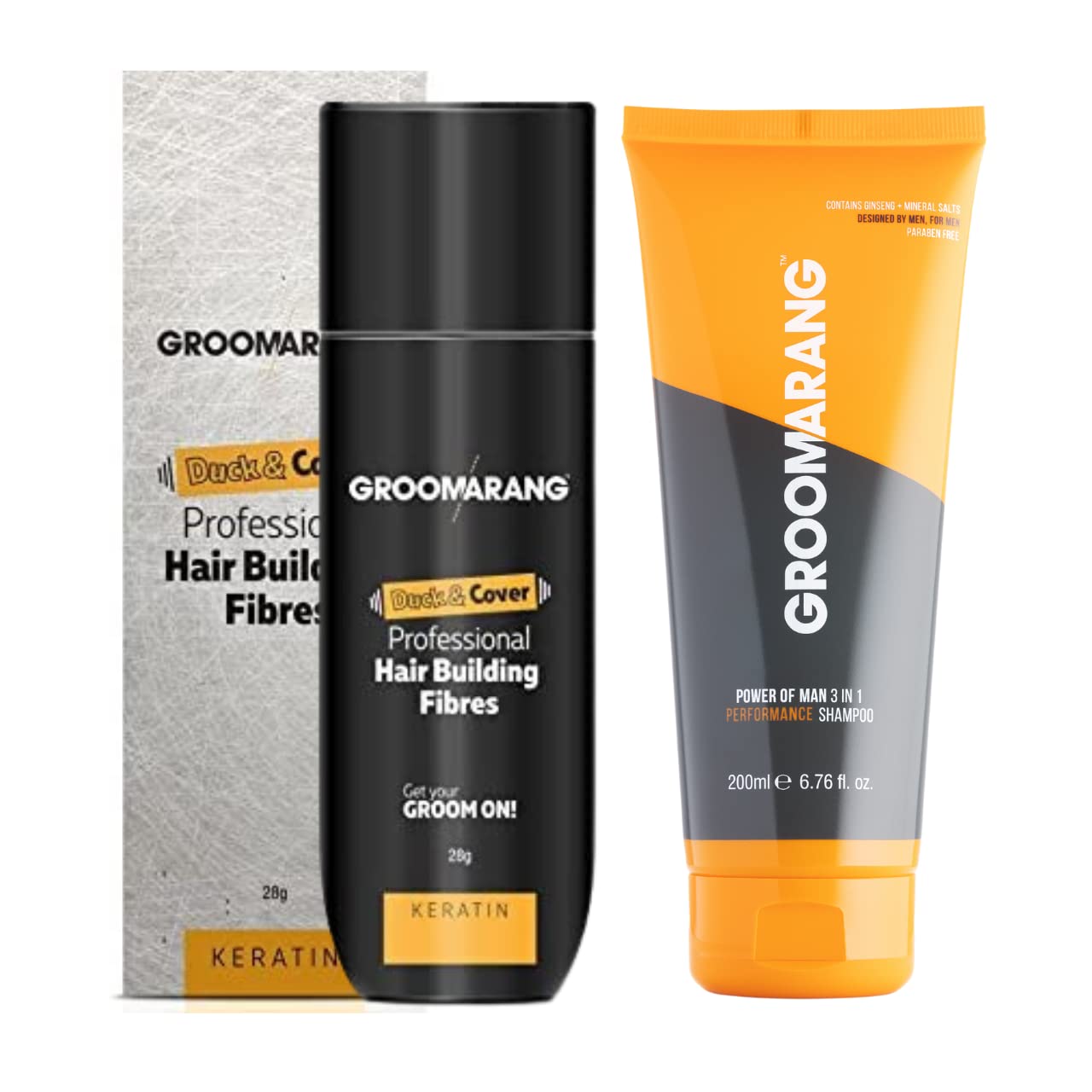 Hair Fibres GROOMARANG Keratin Hair Building Fibres for Thinning Hair - Instantly Conceals Thinning Areas for Fuller Thicker Hair - For Men & Women 28g PLUS 200ml Performance Shampoo (Black)