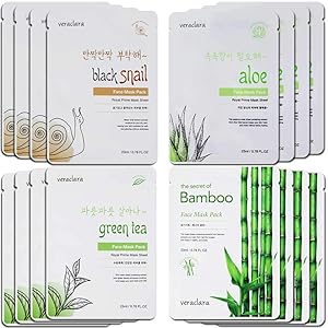 [Veraclara] Prime Facial Mask (16 - Combo Pack) Korean Skincare | Lighten, Moisturize, Firming Skin | Diminish Dark Spot & Circles | Black Snail, Bamboo, Aloe, Green Tea