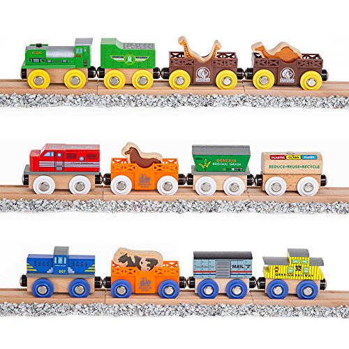 Orbrium Toys 12 Pcs Wooden Engines & Train Cars Collection with Animals, Farm Safari Zoo Wooden Animal Train Cars, Circus Train Car Compatible with Thomas Wooden Railway System, Brio, Chuggington