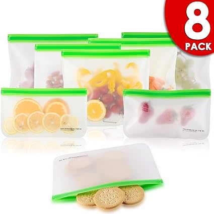 Image result for EXTRA THICK Reusable Storage Bags (8 Pack) Silicone and Plastic Free Ziplock for Food, Lunch Sandwich