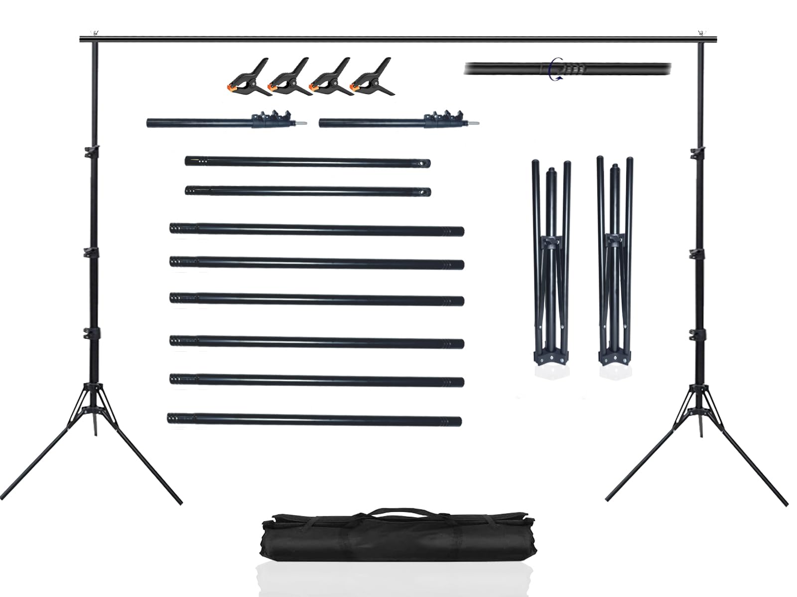 Photo 1 of 10x6.5ft Adjustable Backdrop Stand Kit Portable Portrait & Studio Photography Background Support with 4 Clamps, Carrying Bag Disassembly Backgrounds Stand