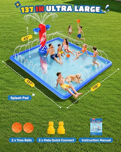 ODOSOLA 137x118'' Large Splash Pad for Kids 3-12 & Dogs, 2-in-1 Sprinkler Pad with Basketball Hoop/Ball Toss, Thickened Non-Slip Water Mat, Foldable Outdoor Summer Toy for Backyard/Pool/Beach