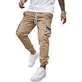 JEMLDL Mens Casual Cargo Joggers Pants—Pure Cotton Chino Pants Drawstring Hiking Outdoor Twill Sweatpants with Zipper Pocket
