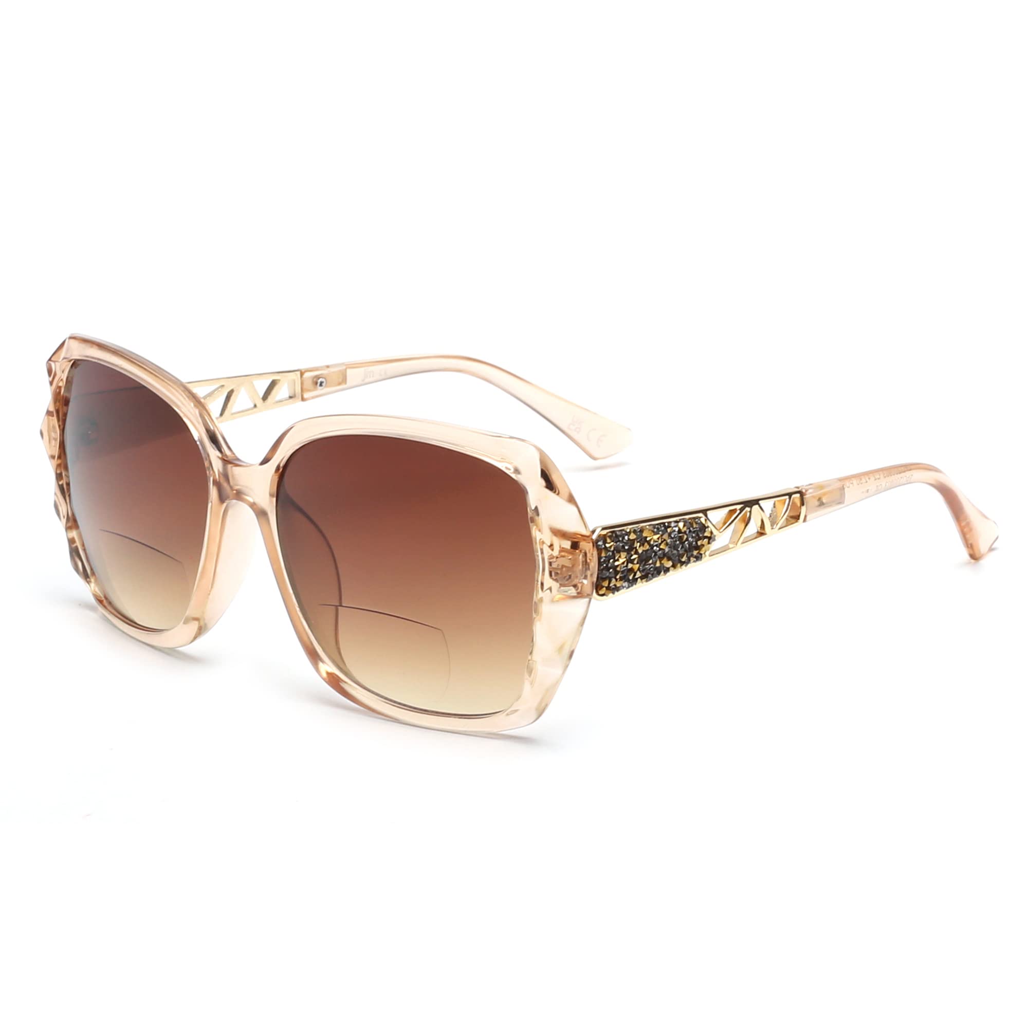 JM Bifocal Reading Sunglasses, Oversized Sun Reader Glasses for Women UV Protection Outdoor Brown +1.75