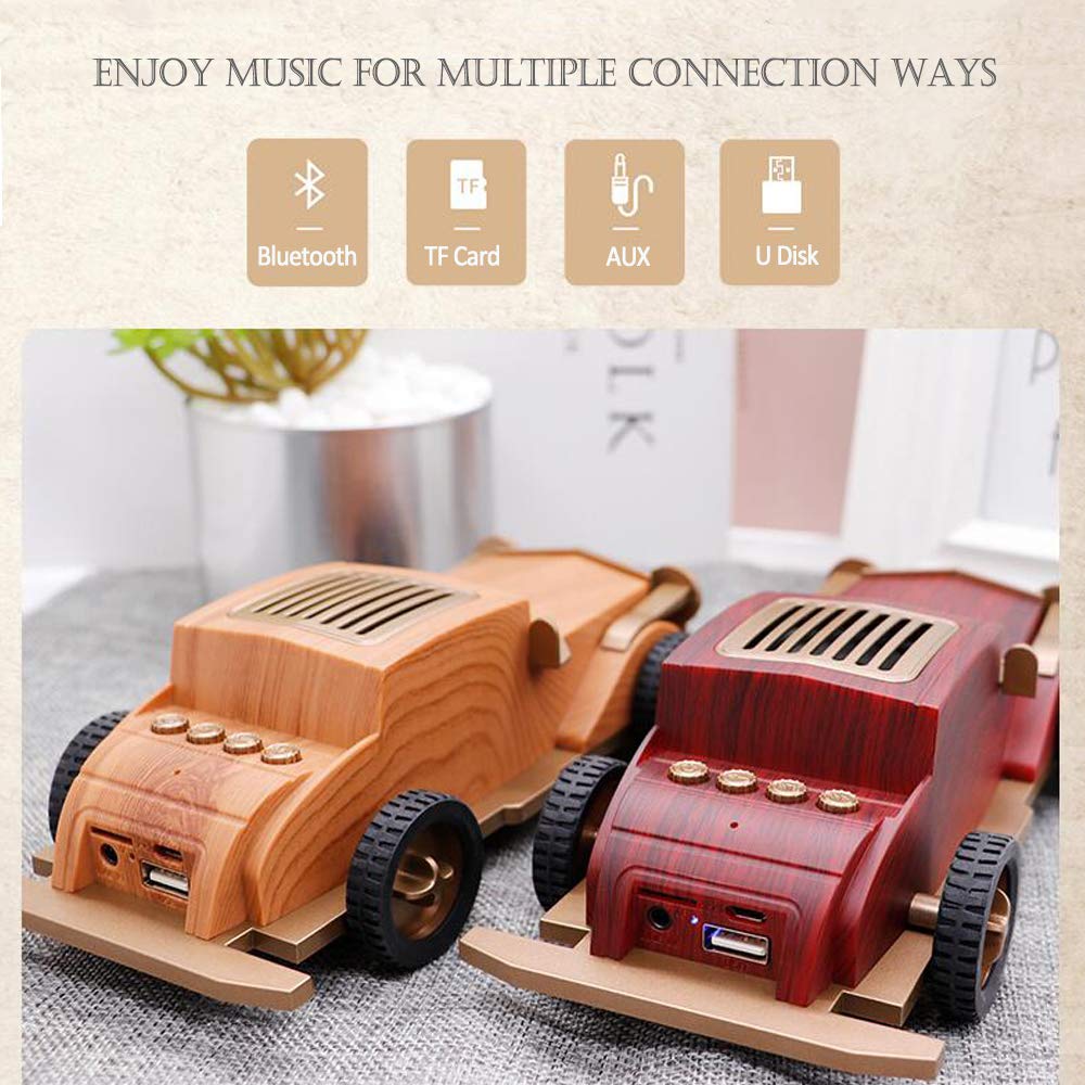 WALTSOM Wooden Wireless Speaker, Retro Car Shape BT4.2 Bluetooth Speaker with Built-in Mic, Hand-Free, 3.5mm Audio Aux Input, USB TF Card Speaker for Home, Office, Party, Travel, Outdoor (Light Wood)