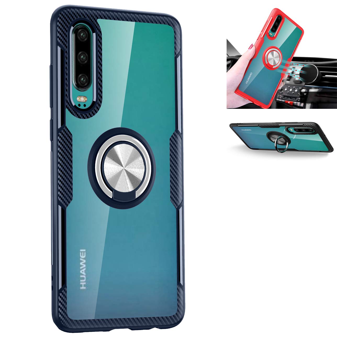 GarHold Huawei P30 case,Silicone Shockproof TPU+PC,Transparent Tempering Protection Cover,360° Rotating Metal Ring Kickstand,car Holder case for Huawei P30 (Green/Silver)