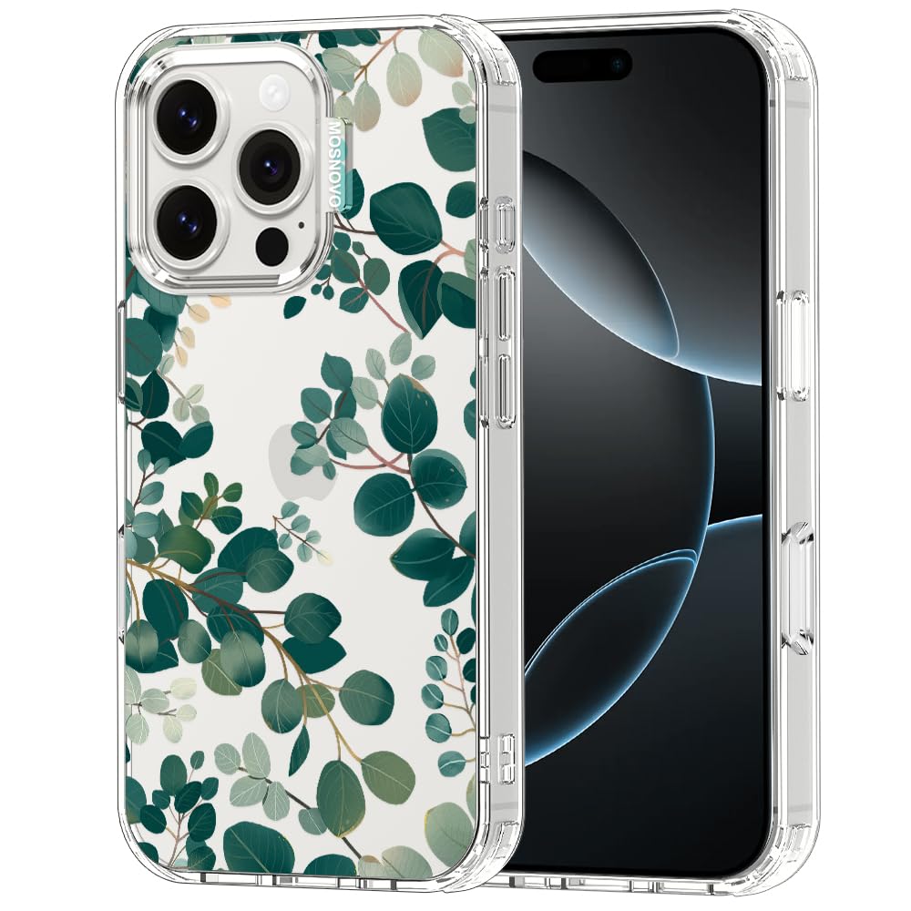 MOSNOVO Case for iPhone 16 Pro, [Buffertech 6.6ft Military-Grade Drop Protection] [Anti Peel Off Tech] Clear TPU Bumper Phone Case Cover Design - Eucalyptus
