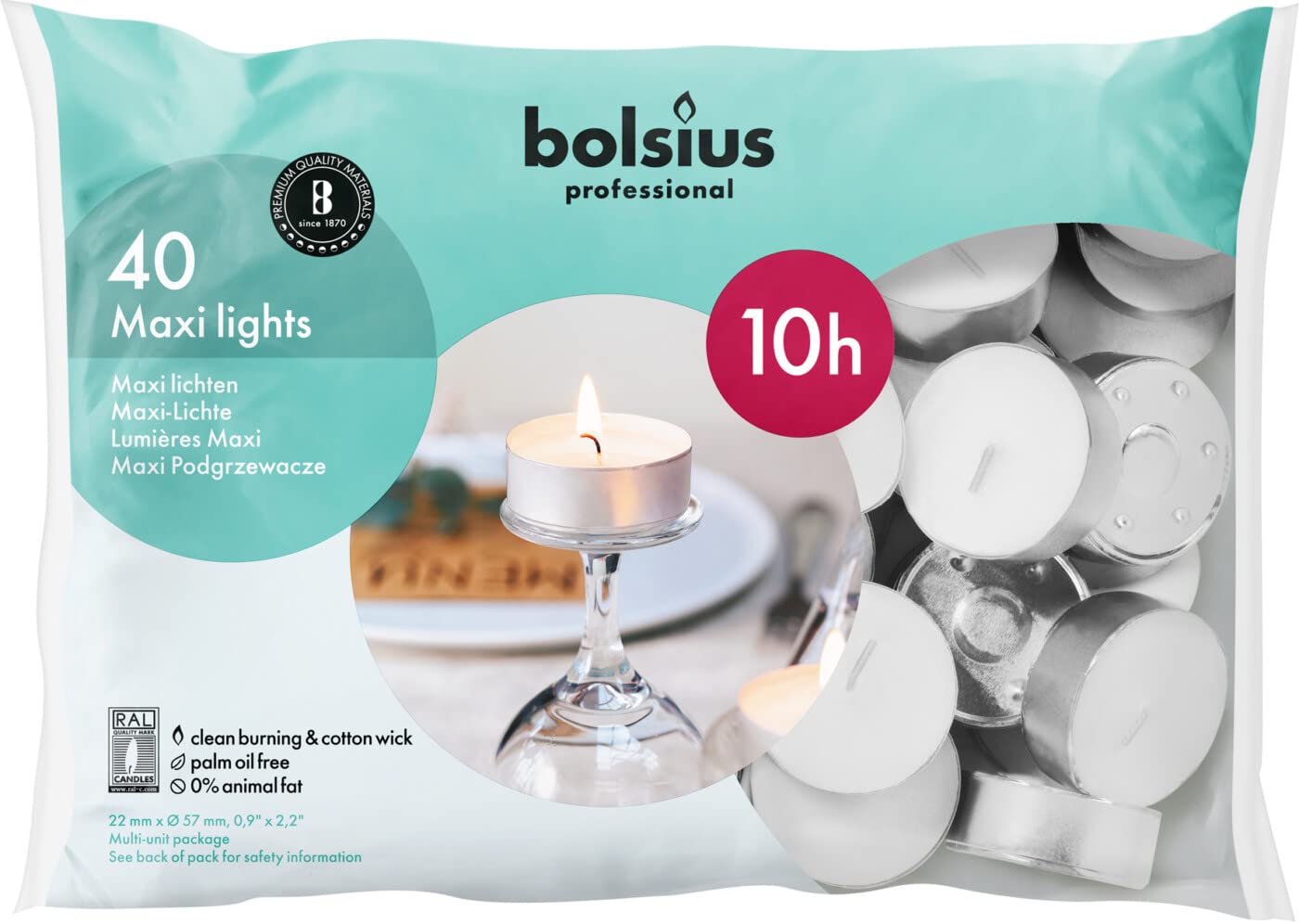 Bolsius 10 Hour Maxi Tea Lights - 40 Pack (White) 1 x Bag of 40