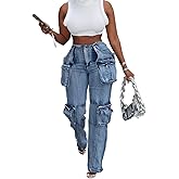 OLAMIOSO Women Baggy Denim Cargo Straight Leg Jeans with Pockets All Over