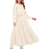 MITILLY Girls Long Sleeve Dress Elegant Floral Crew Neck Elastic Waist Formal Maxi Dresses with Belt 6-12 Years