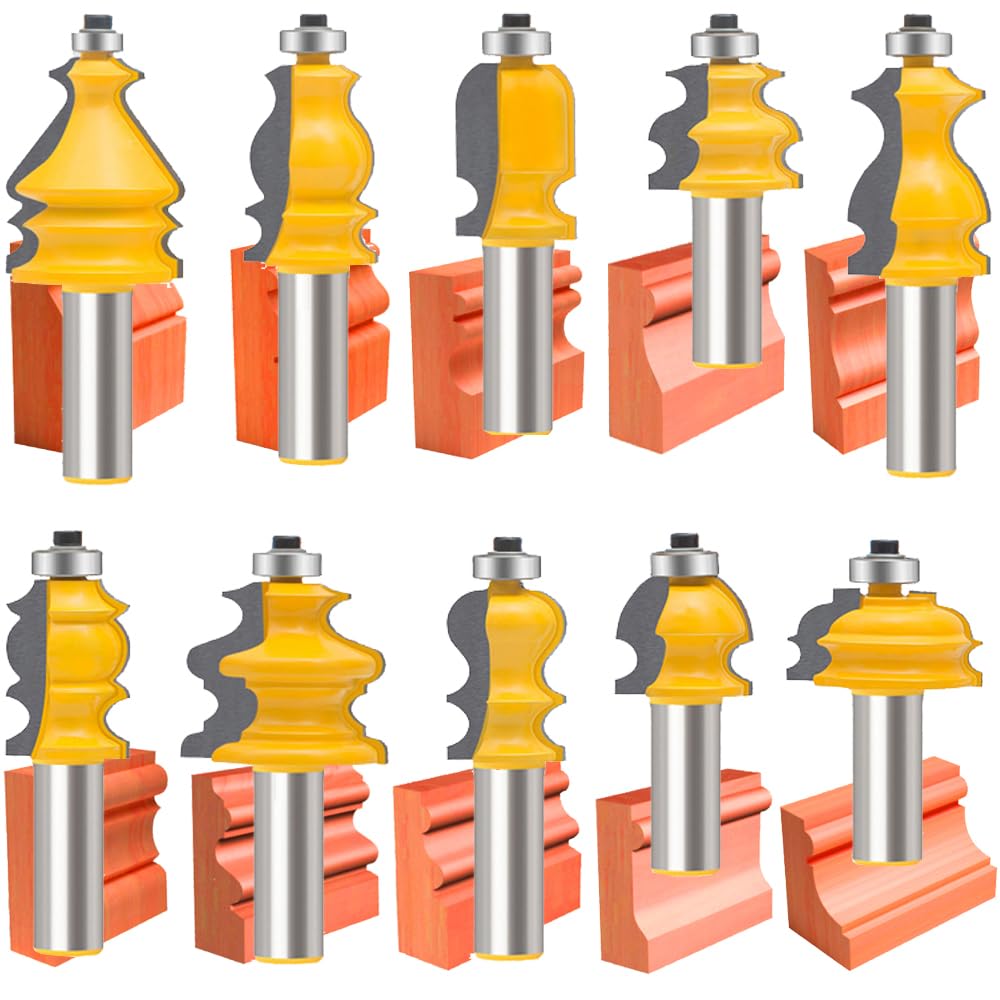 TAIWAIN Router Bit Set 1/2 Inch Shank Wood Milling Architectural Door Cabinet Drawer Molding Cutter Router Bits 10 PCS, Woodworking Miter Carbide CNC Cutting Tool for Doors, Tables, DIY(F-1-210Line)