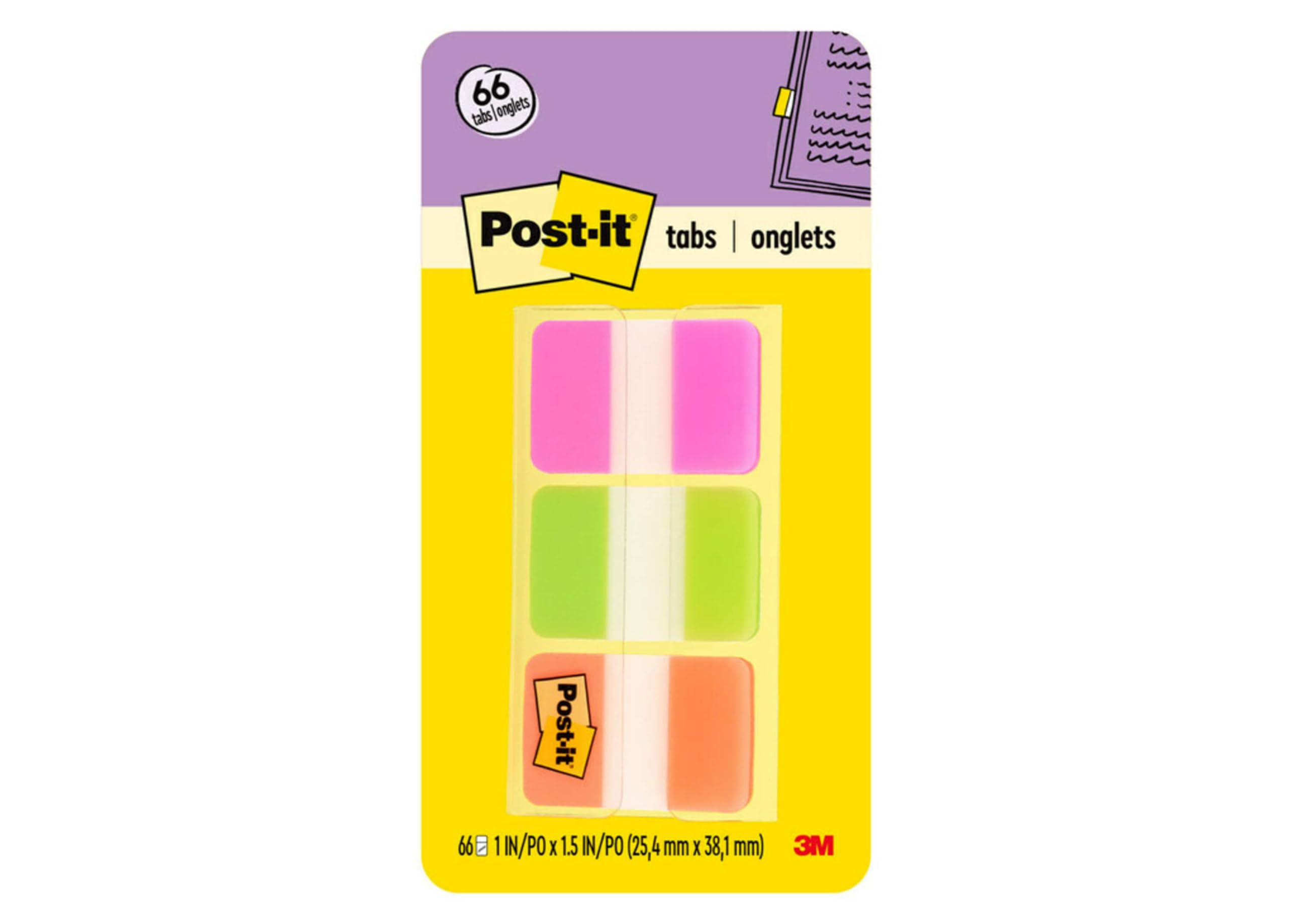 Post-it Tabs, 22/Color, 66/Dispenser, 1 in Wide, Pink, Green, Orange (686-PGO)