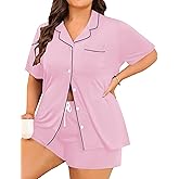 Elsameel Women's Plus Size Pajamas Button Down Shirt and Shorts 2 Piece Pj Lounge Sets Short Sleeve Sleepwear Soft Loungewear