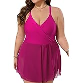COCOPEAR Plus Size Swimsuit for Women Swim Dress Skirt Tummy Control Swimsuits V Neck Swimwear Adjustable Shoulder Straps