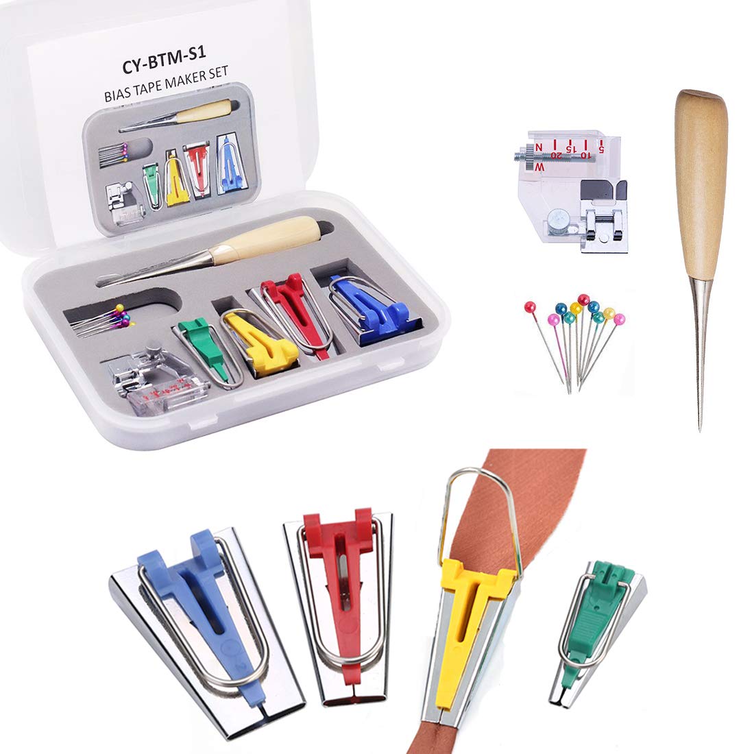 Yotako Single/Double Fold Bias Tape Maker Tool Kit Set, 6MM/12MM/18MM/25MM Fabric Bias Tape Maker Tools Sewing Awl Kit DIY Sewing Bias Tape Makers for Quilt Binding